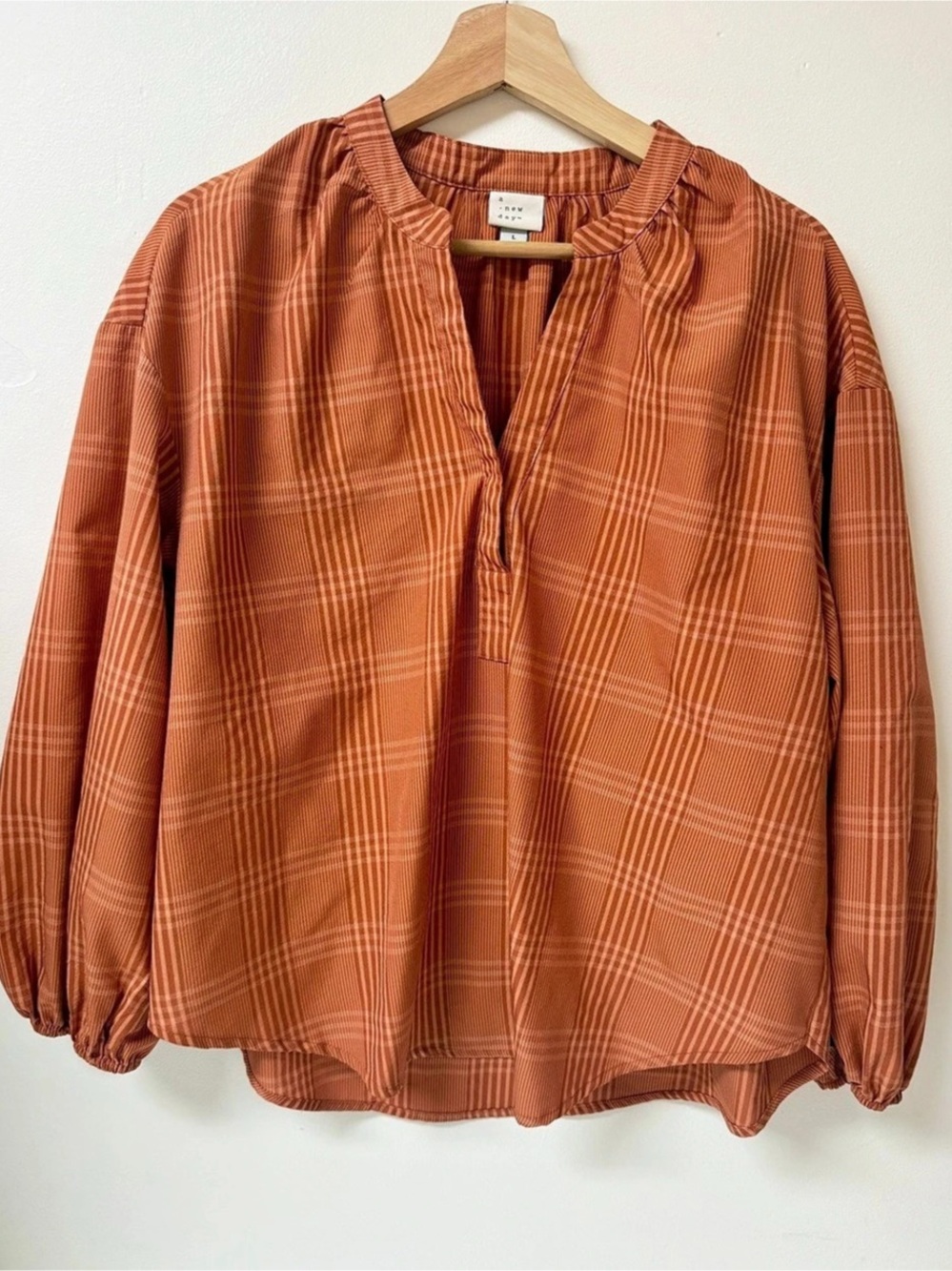 A New Day Orange Rust Plaid Split-Neck Balloon Sleeve Blouse Large